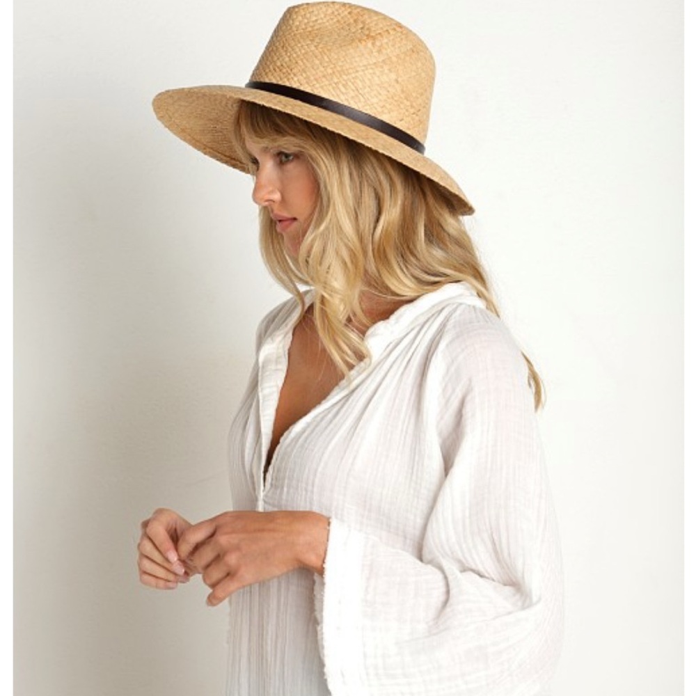 Janessa Leone Dora Straw Hat with Brown leather Band